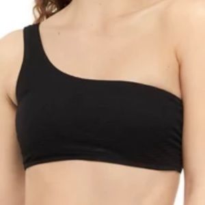 CABANA by CROWN & IVY Black Solid Pucker One Shoulder Swim Top  Womens Medium
